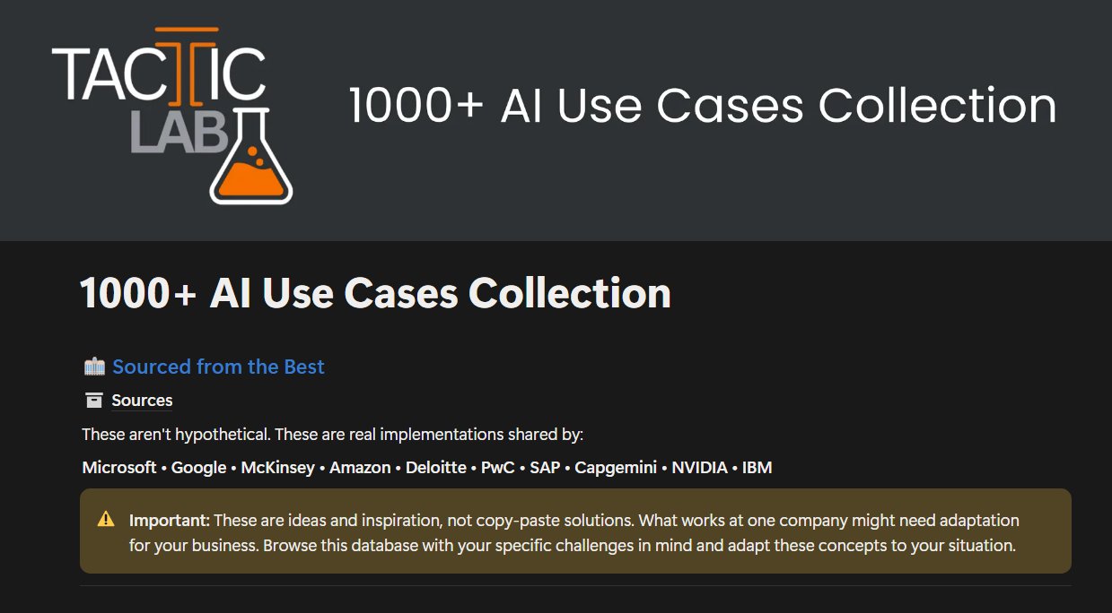 The 1000+ AI Use Cases Collection: real implementations sourced from Microsoft, Google, McKinsey, Amazon, Deloitte, PwC, SAP, Capgemini, NVIDIA and IBM